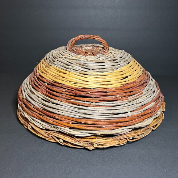 Woven Wicker Rattan Multi-Color Striped Food Cover w/ Base & Handle 13 x 6" - Picture 1 of 6